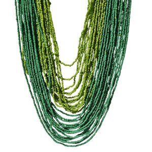 Retro Boho Green Lime Seed Beaded Necklace Chunky Multi Strand 60s 70s Fashion